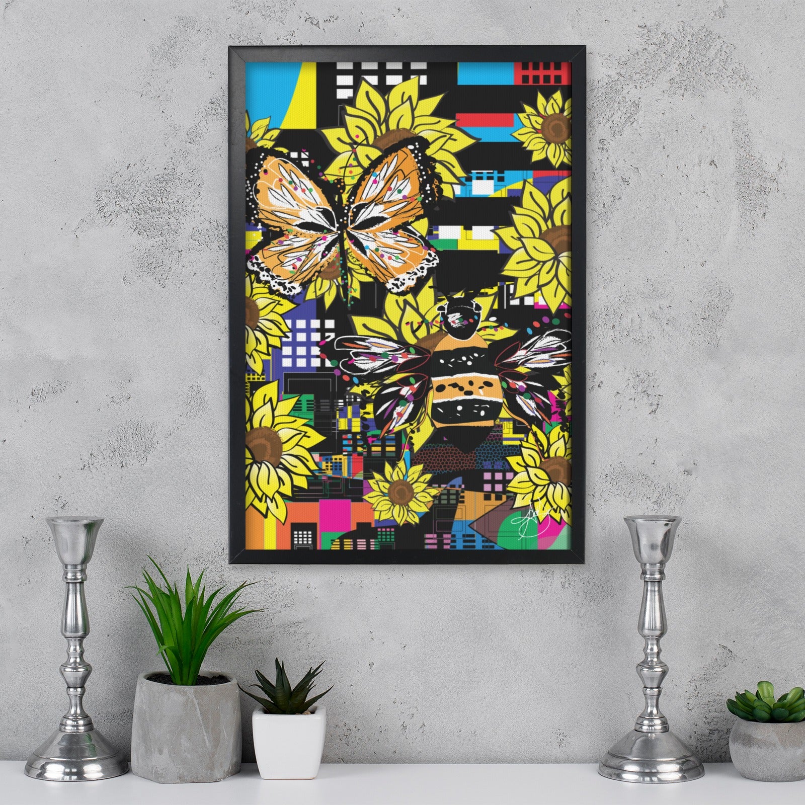 (Custom Order) Butterfly and Bee City Framed Canvas Print 18"x24"