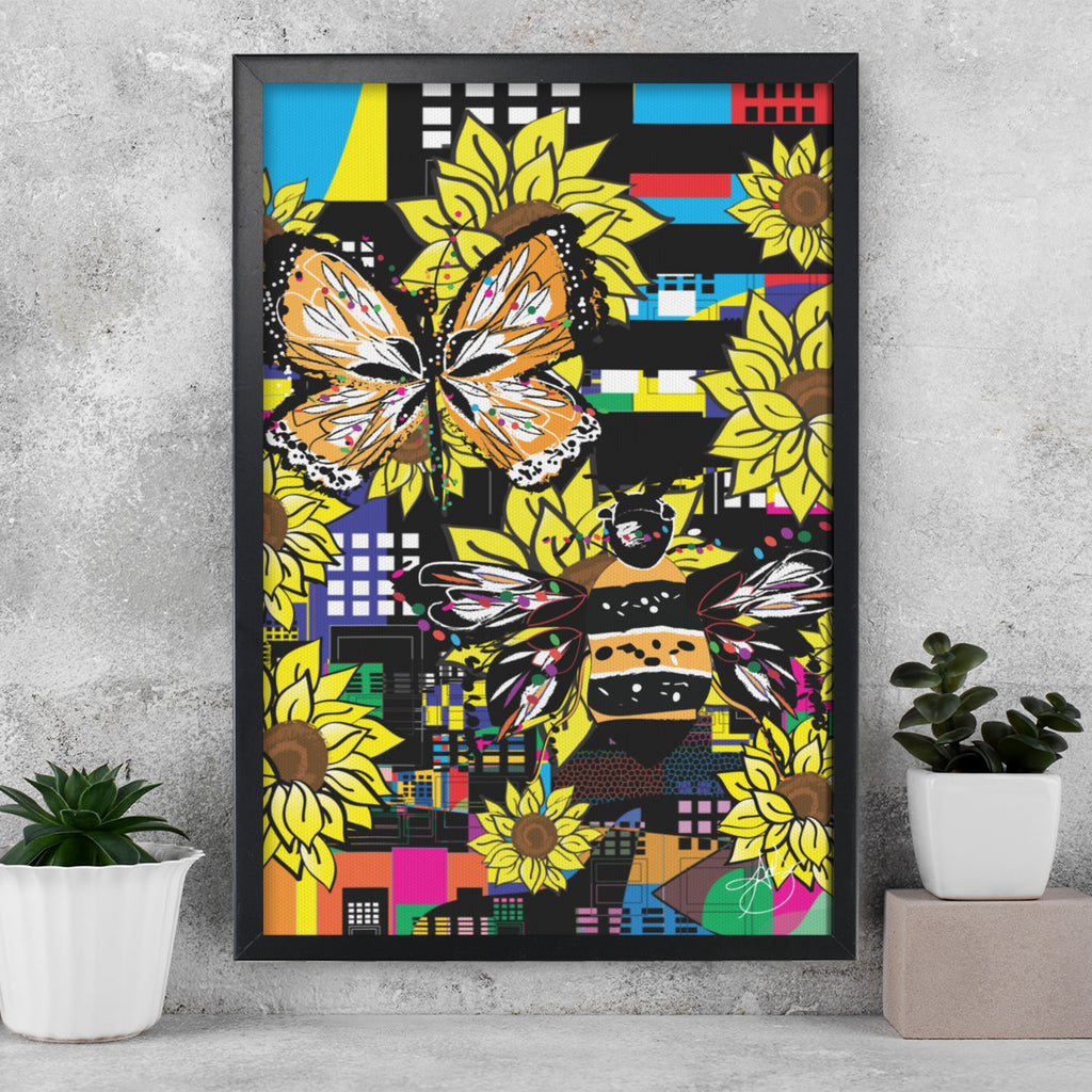 (Custom Order) Butterfly and Bee City Framed Canvas Print 18"x24"