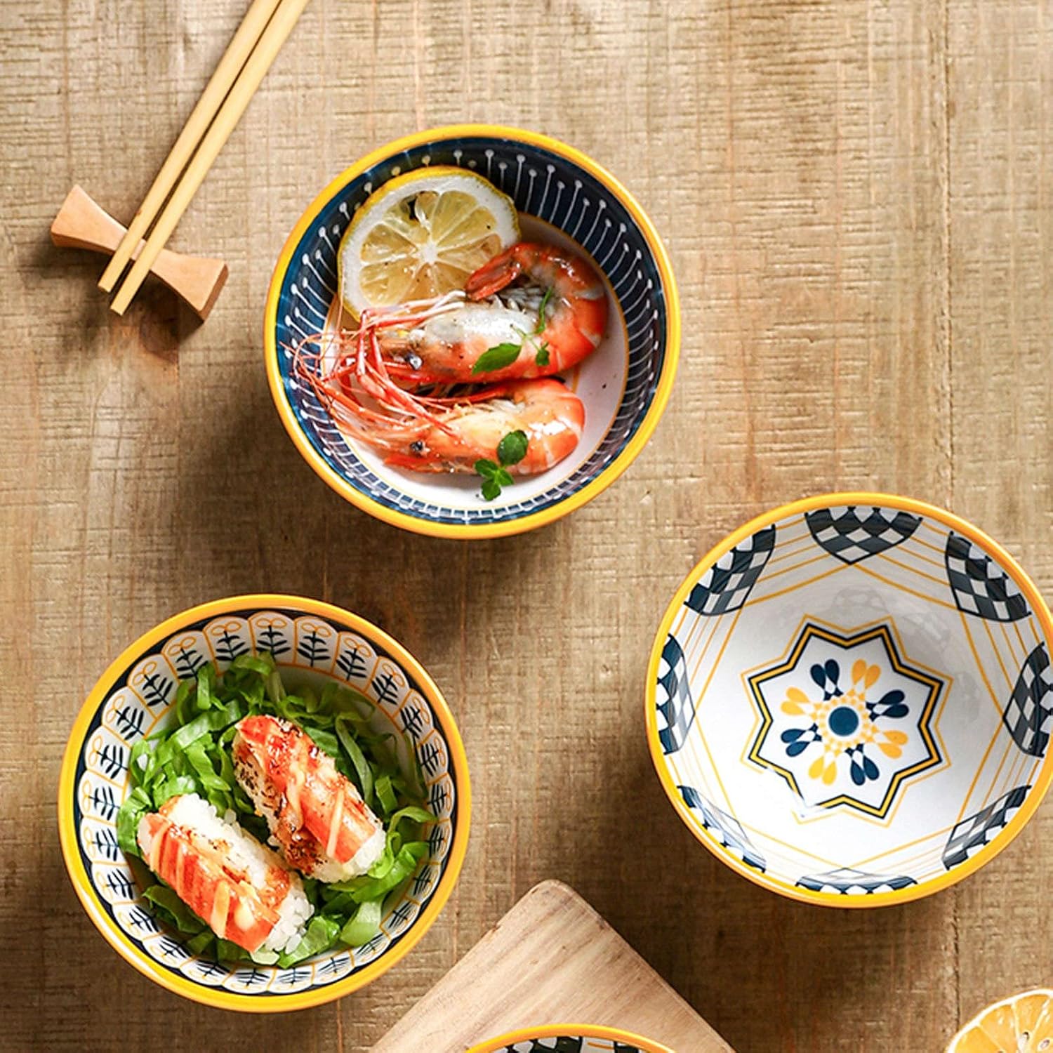 Teal 6 Piece Rice Bowl Set with Chopsticks