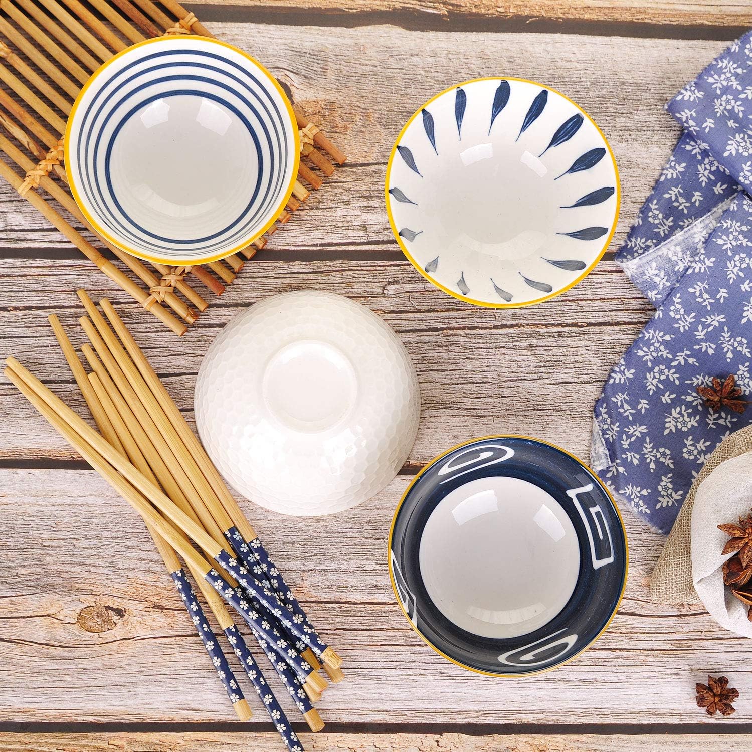 Navy Blue 6 Piece Rice Bowl Set with Chopsticks