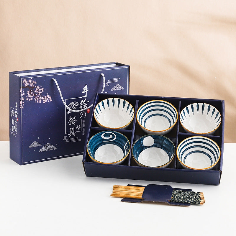 Navy Blue 6 Piece Rice Bowl Set with Chopsticks