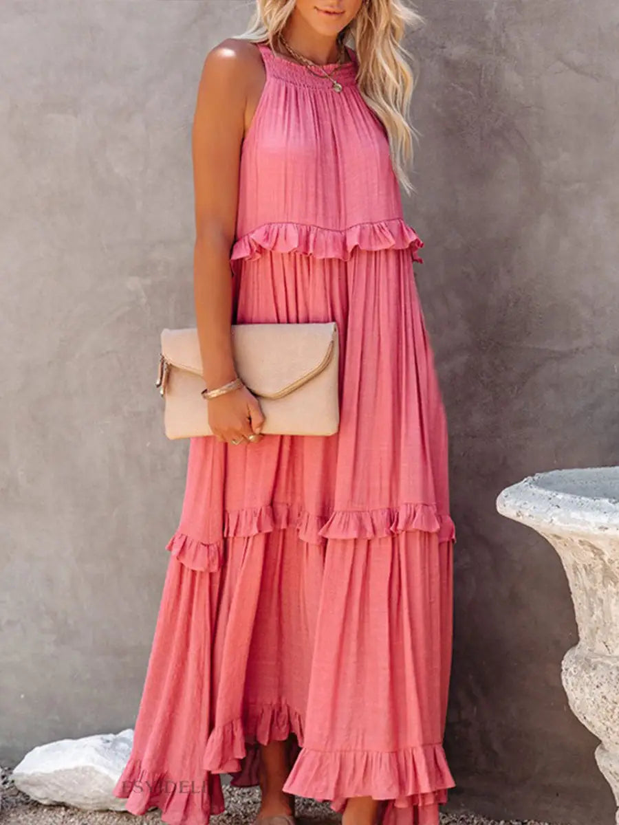Coral Pleated Cake Maxi Dress