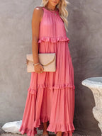 Coral Pleated Cake Maxi Dress