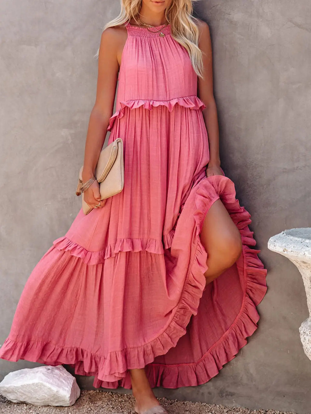 Coral Pleated Cake Maxi Dress
