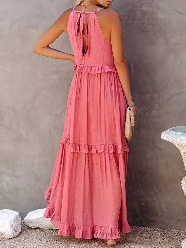 Coral Pleated Cake Maxi Dress