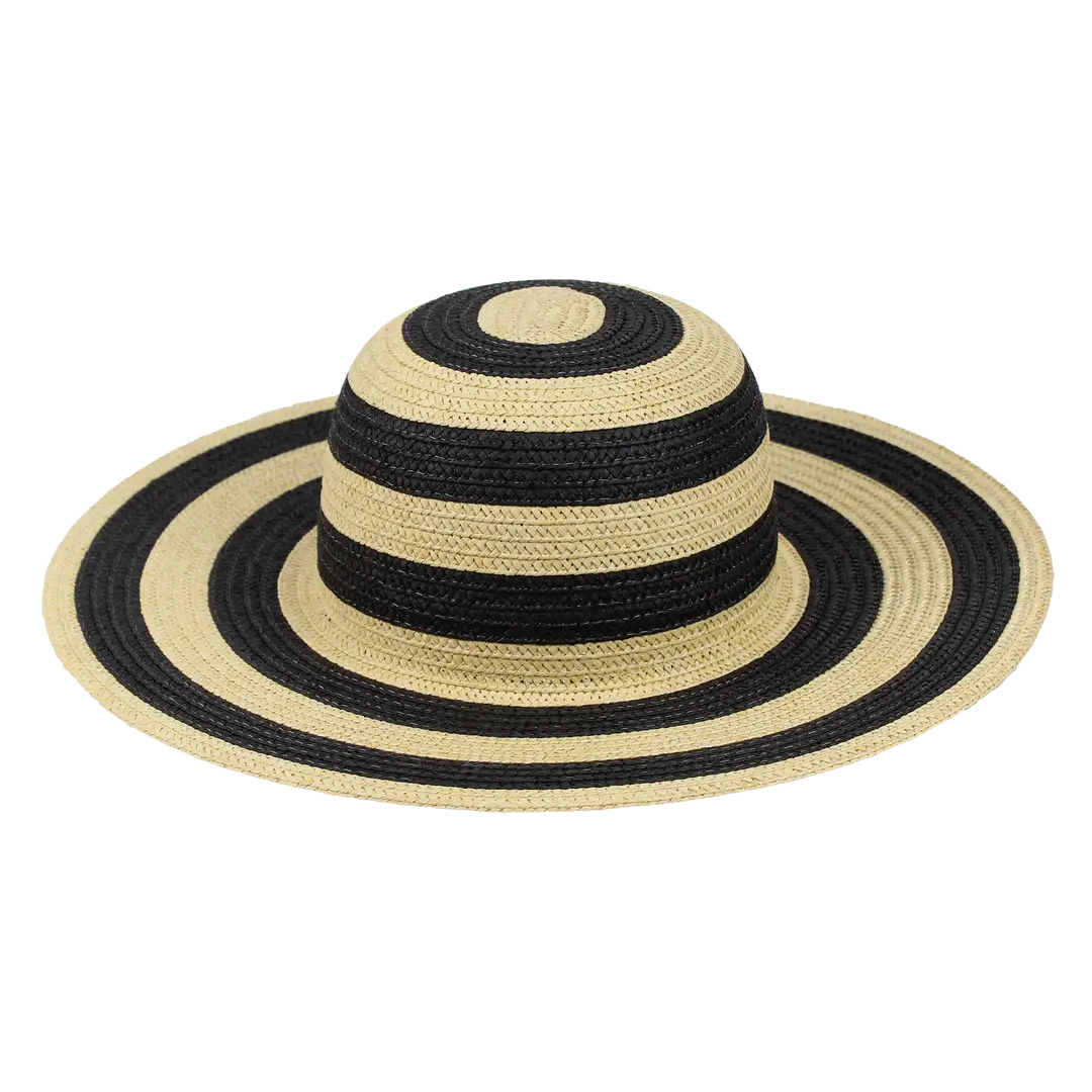 Black and Beige Striped Paper Braided Woven Hat