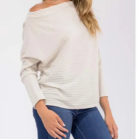 Cream Ribbed Off Shoulder Knit Top