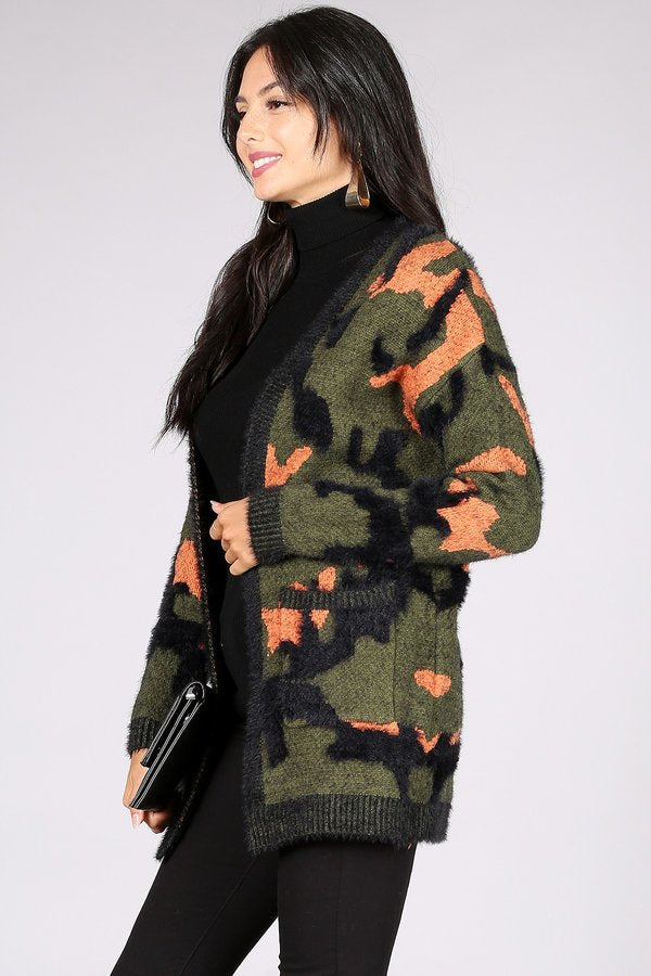 Olive and Multicolor Camo Cardigan