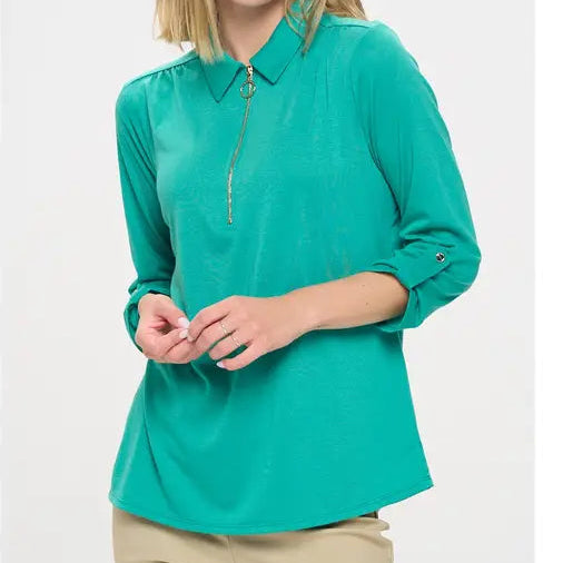 Zip Collar Sea Green 3/4 Sleeve Top