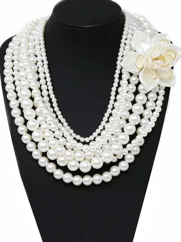 Flower Embellished Statement Pearl Necklace