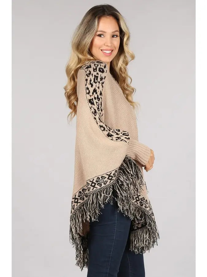 Tan and Animal Print Embellished Fringe Lined Poncho Sweater