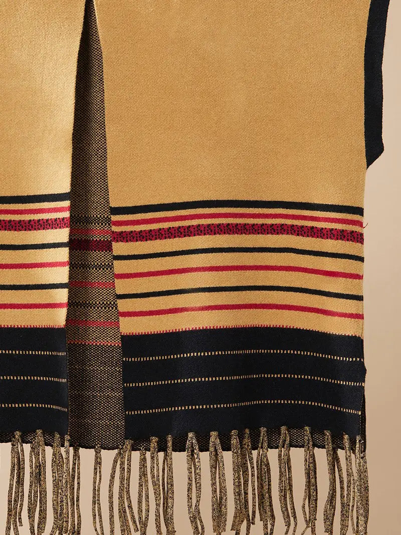 Camel Black Red Striped Fringe Cardigan
