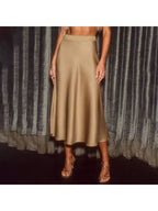 Satin Skirt with Fishtail Flare - Khaki