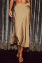 Satin Skirt with Fishtail Flare - Khaki