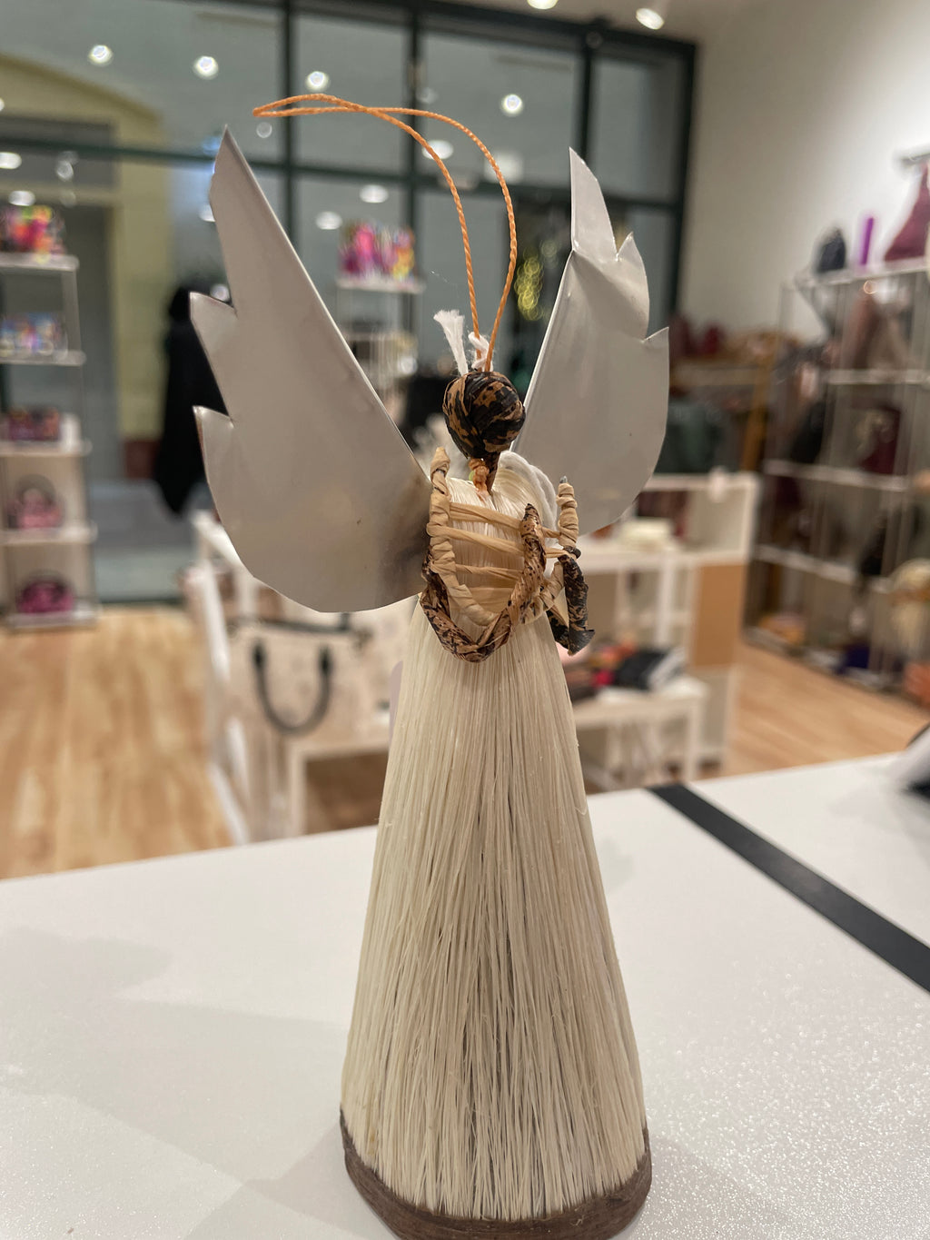 Small Banana Fiber and Angel with Harp Ornament