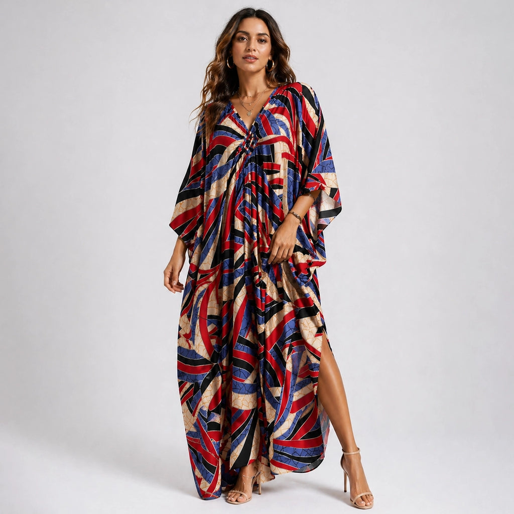 Multi Color Tan Red Blue Kaftan / Moo Moo