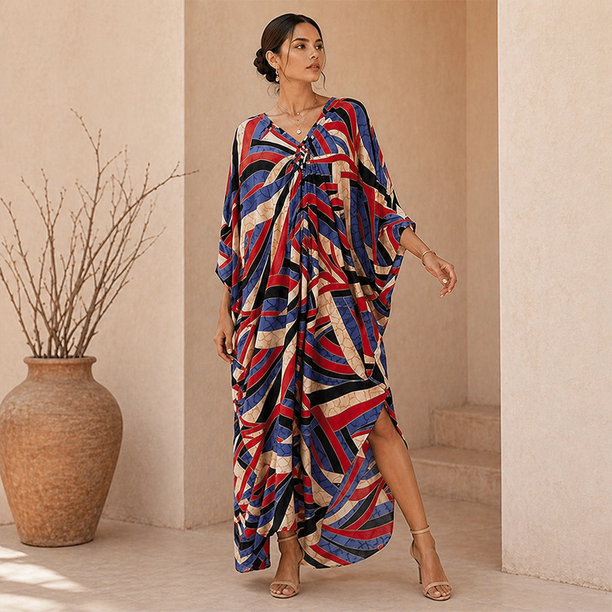 Multi Color Tan Red Blue Kaftan / Moo Moo