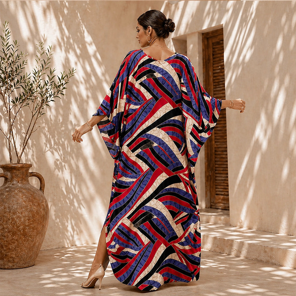 Multi Color Tan Red Blue Kaftan / Moo Moo