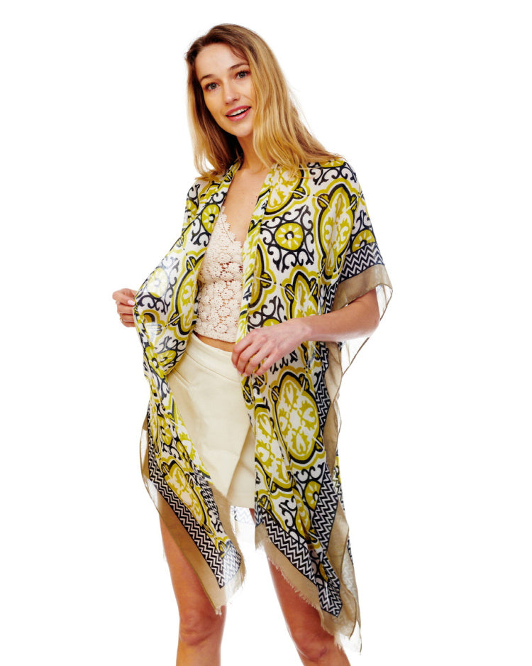 Pastel Greens and Black Medallion Kimono