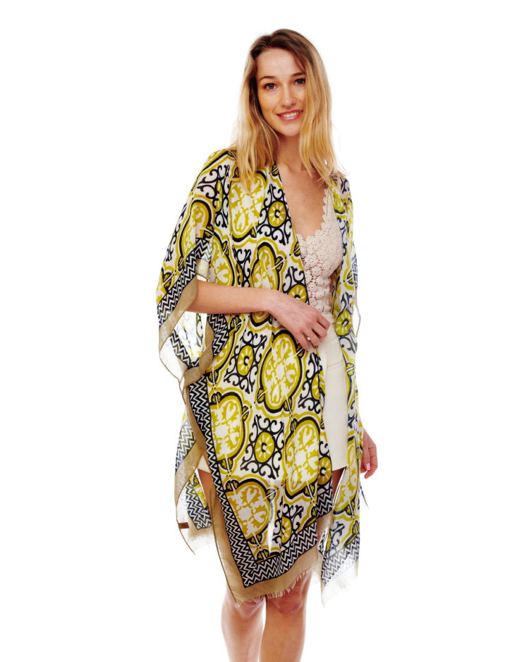 Pastel Greens and Black Medallion Kimono