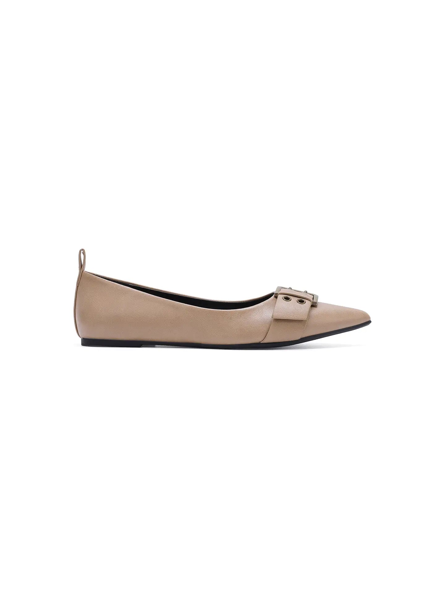 Pointed Toe Buckle Flat Shoe (Tan)
