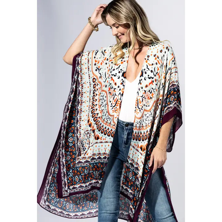 Purple and Mulitcolor Print Kimono