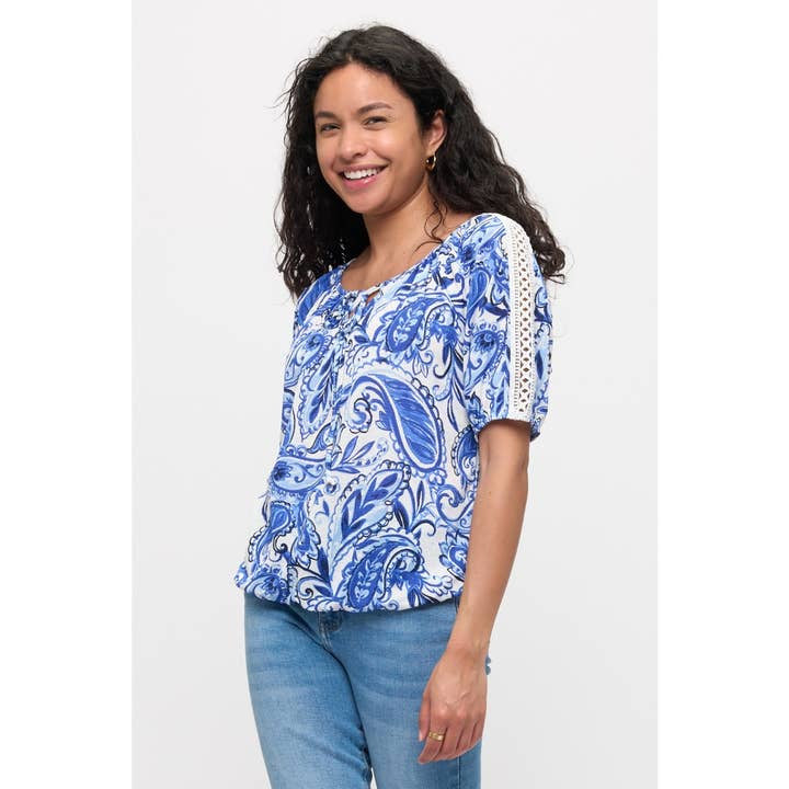 Blue Paisley Crochet Embellished Top