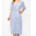 Pinstripe Chambray Tie V Neck Button Down Dress 100% cotton