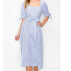 Pinstripe Chambray Tie V Neck Button Down Dress 100% cotton