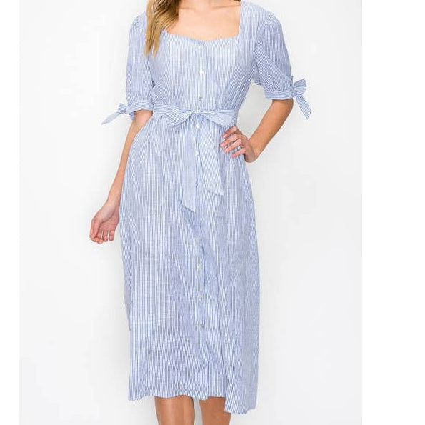 Pinstripe Chambray Tie V Neck Button Down Dress 100% cotton