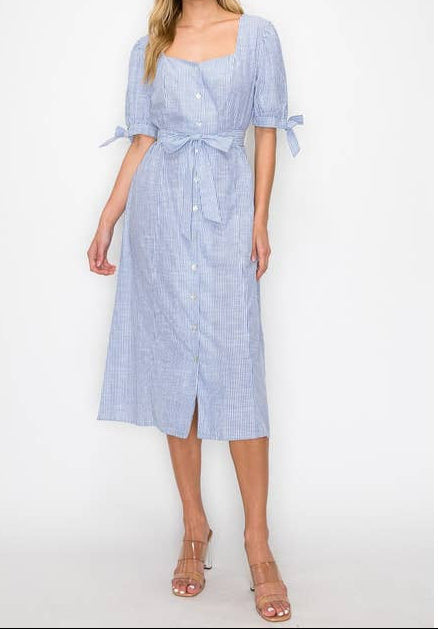 Pinstripe Chambray Tie V Neck Button Down Dress 100% cotton