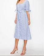 Pinstripe Chambray Tie V Neck Button Down Dress 100% cotton