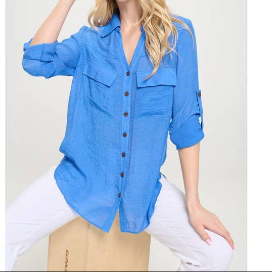 Flap Pocket Blue Button Down Shirt
