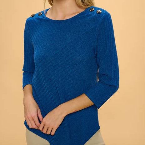 Ribbed Blue Button Shoulder Top