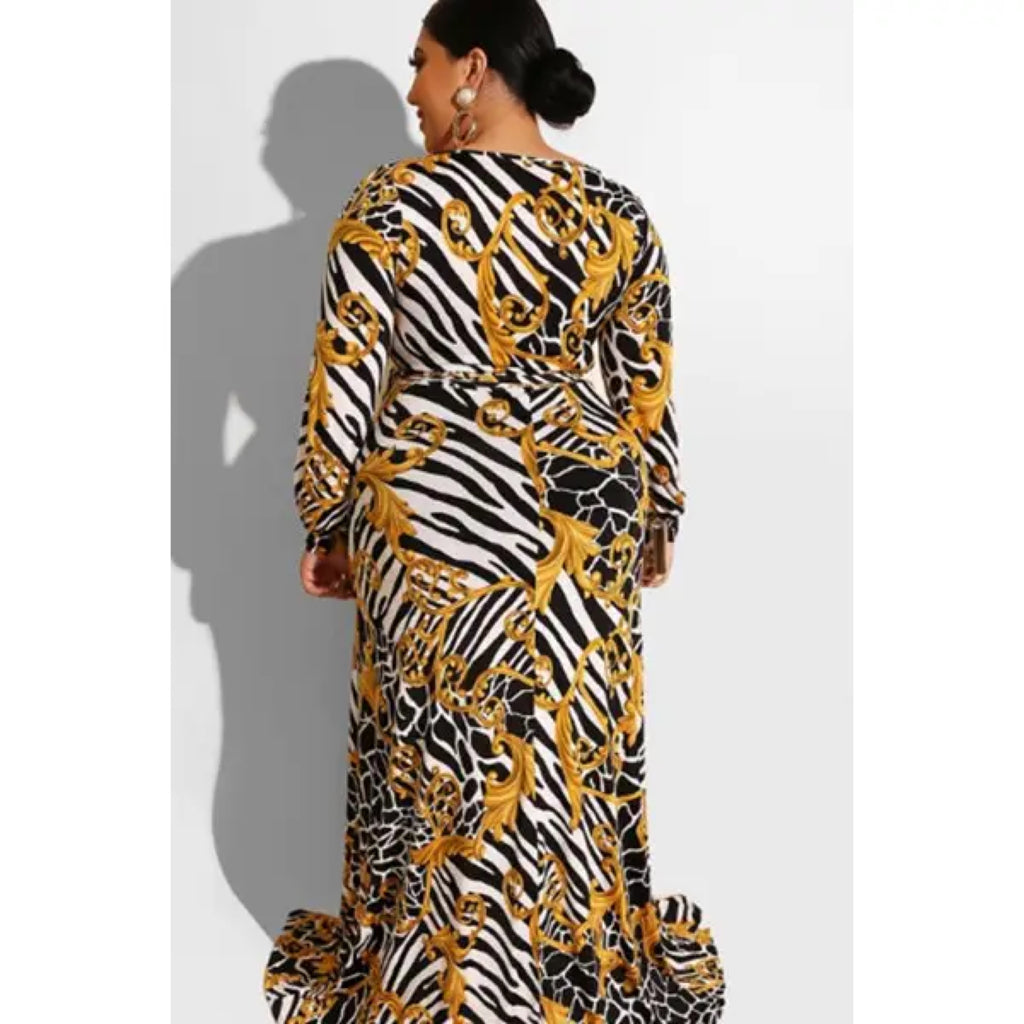 Plus Sized Animal Print Yellow Mult Maxi Dress
