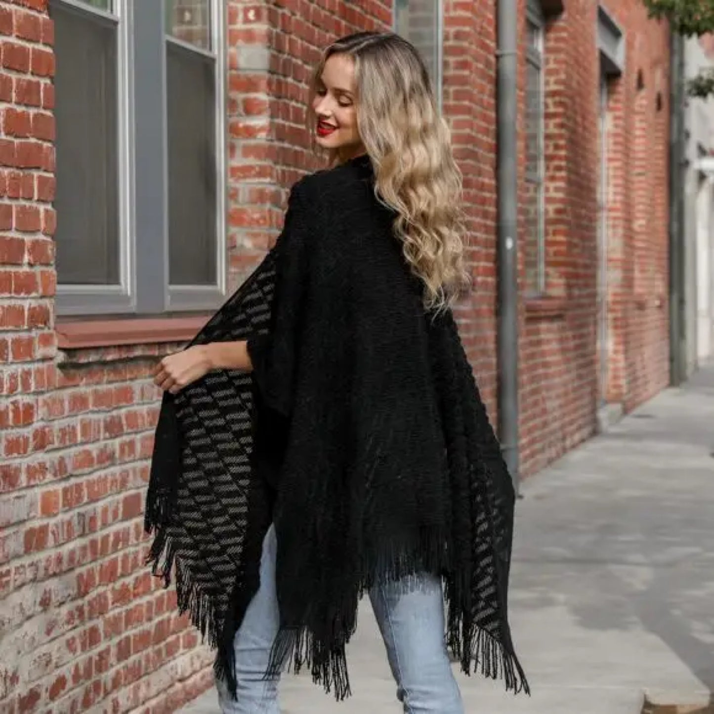 Black Crochet Knit Ruana / Shawl