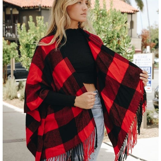 Fringed Buffalo Plaid Print Red and Black Ruana / Shawl