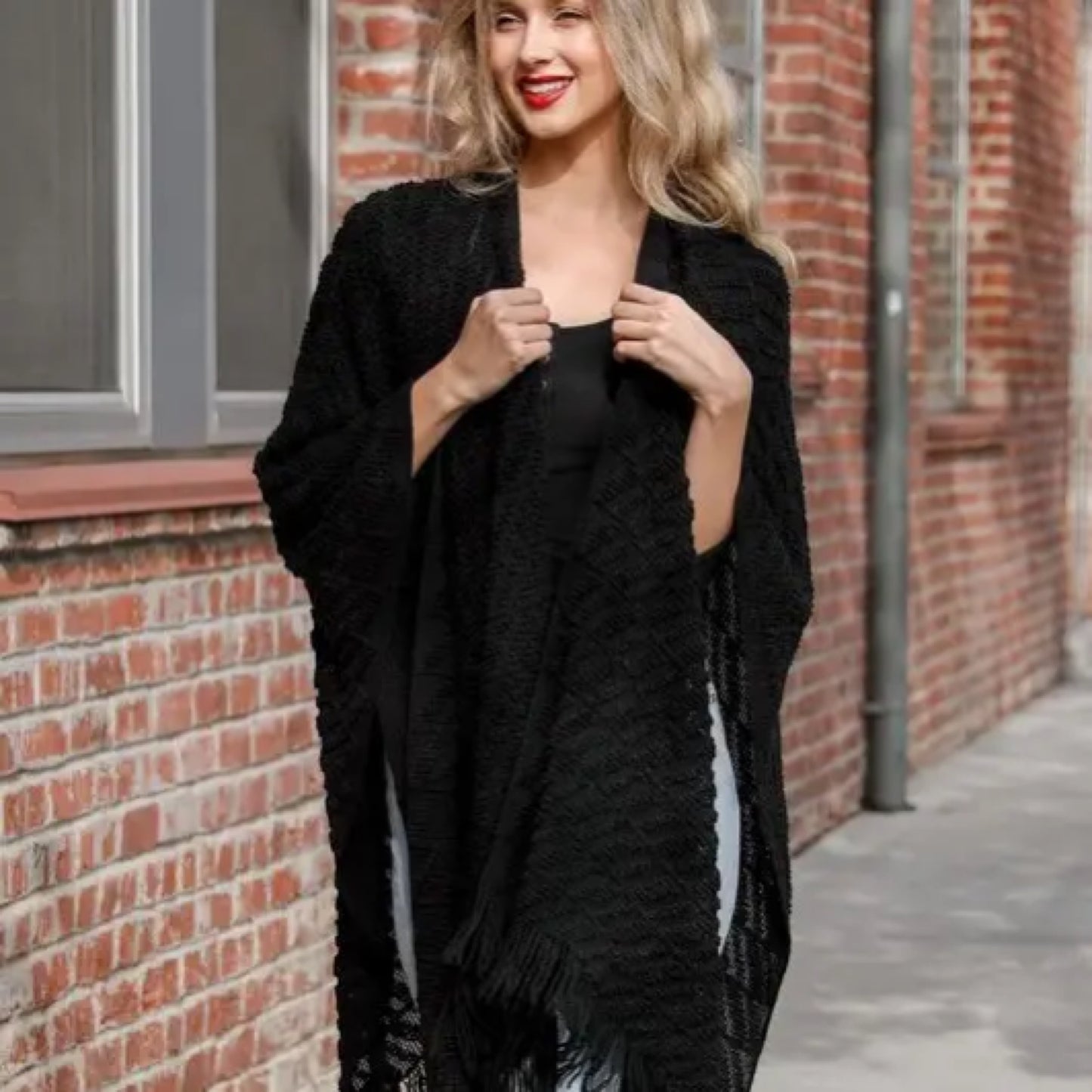 Black Crochet Knit Ruana / Shawl