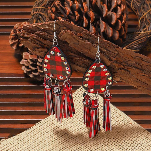 Buffalo Plaid Tartan Studded Chandelier Earrings