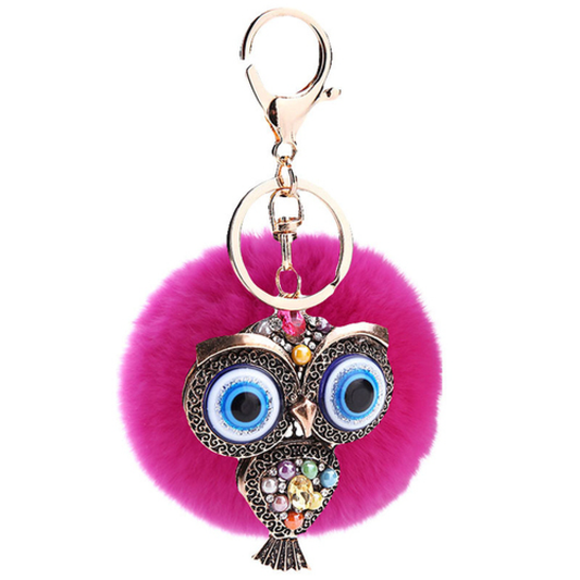 Fur and Rhinestone Owl Key Chain- Raspberry