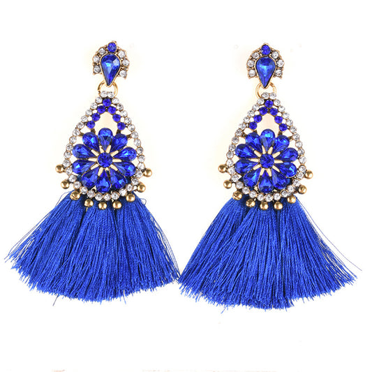 AJS Royal Blue Tassel and Rhinestone Earrings