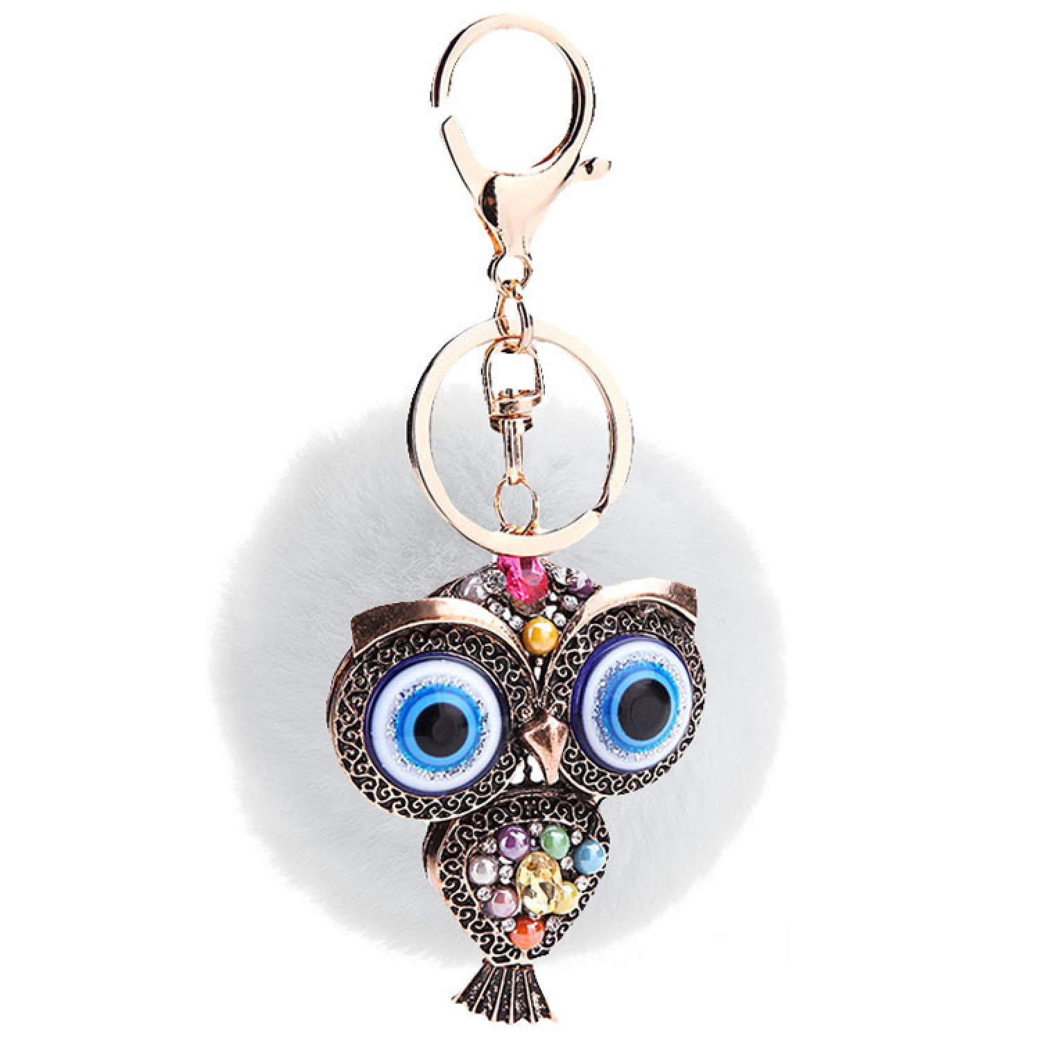 Fur and Rhinestone Owl Key Chain- White